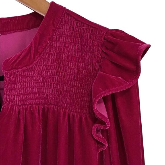Cato Fuchsia Pink Velvet Ruffle Tie Neck Smocked Peasant Top 22/24W - Picture 2 of 8